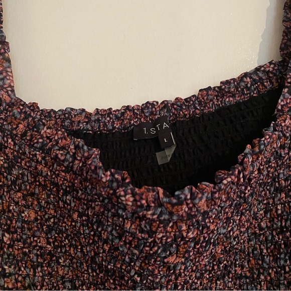 New NWT 1. State long sleeve semi sheer floral shirred blouse top black pink L - Picture 6 of 12